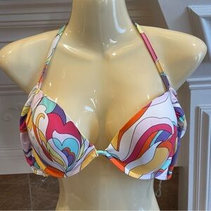 BE:  Carmen Marc Valvo Bikini Top Small Multi color Wrap tie back and neck